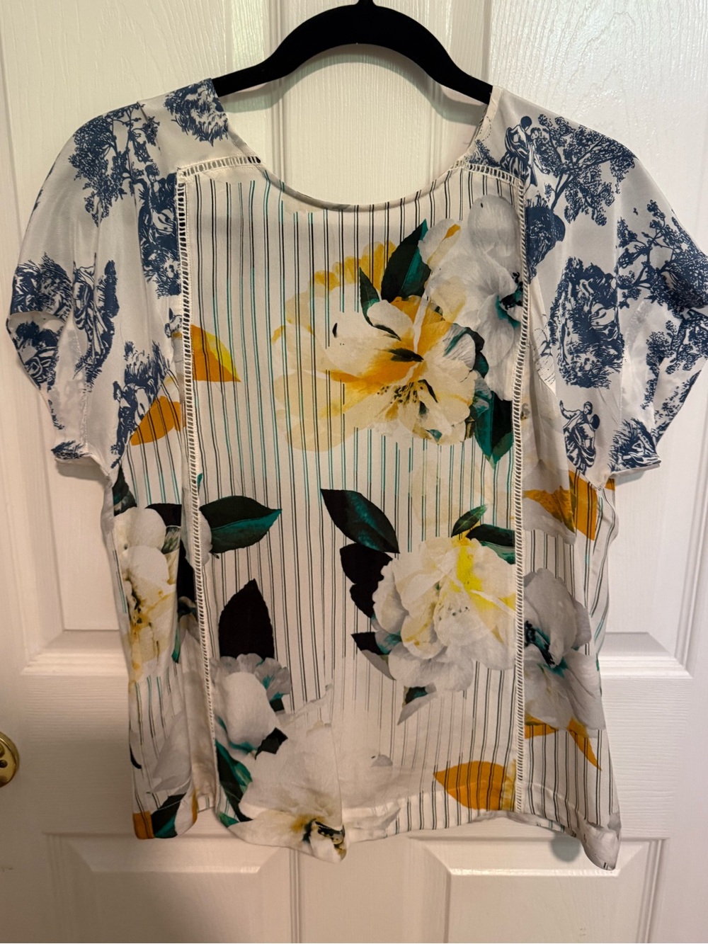 Maeve Floral Stripe Top in Teal, Mustard, White